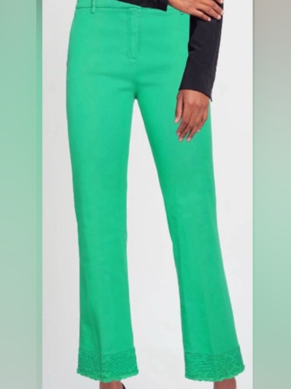Soft Cotton Green Straight Leg Trouser Pants with Embroidered Hem: Size 6 - Picture 1 of 8